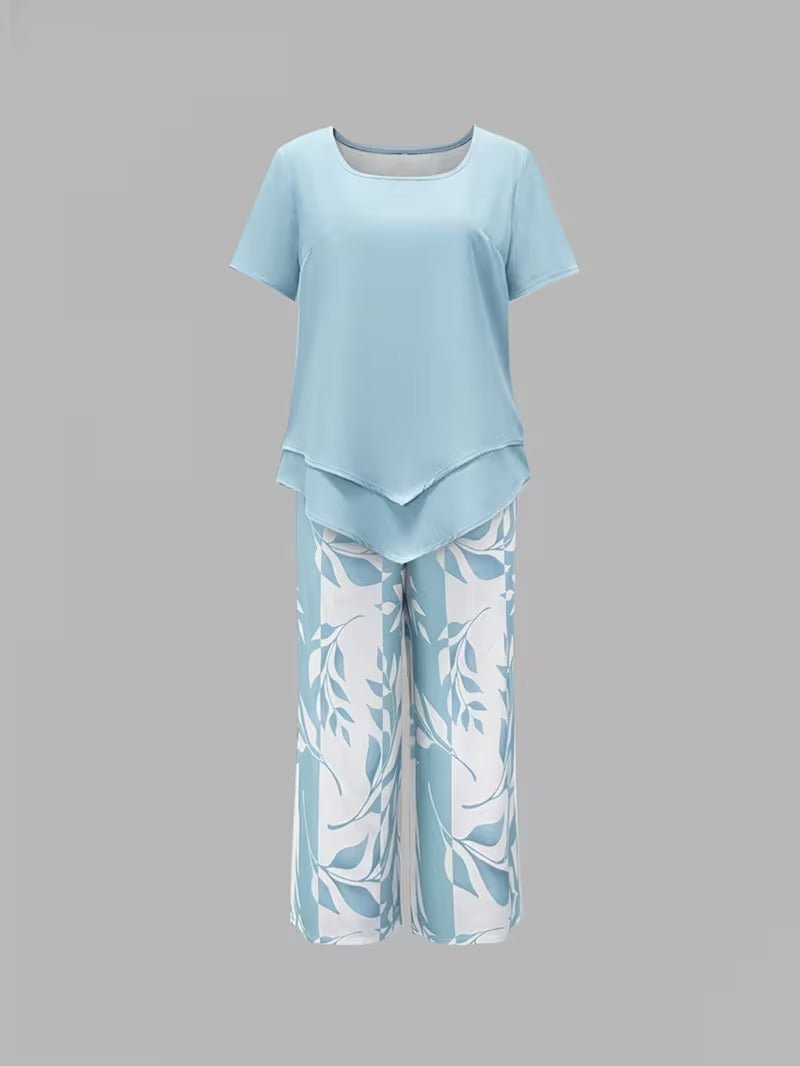 Women's Short-Sleeve Botanical Print Two-Piece Set
