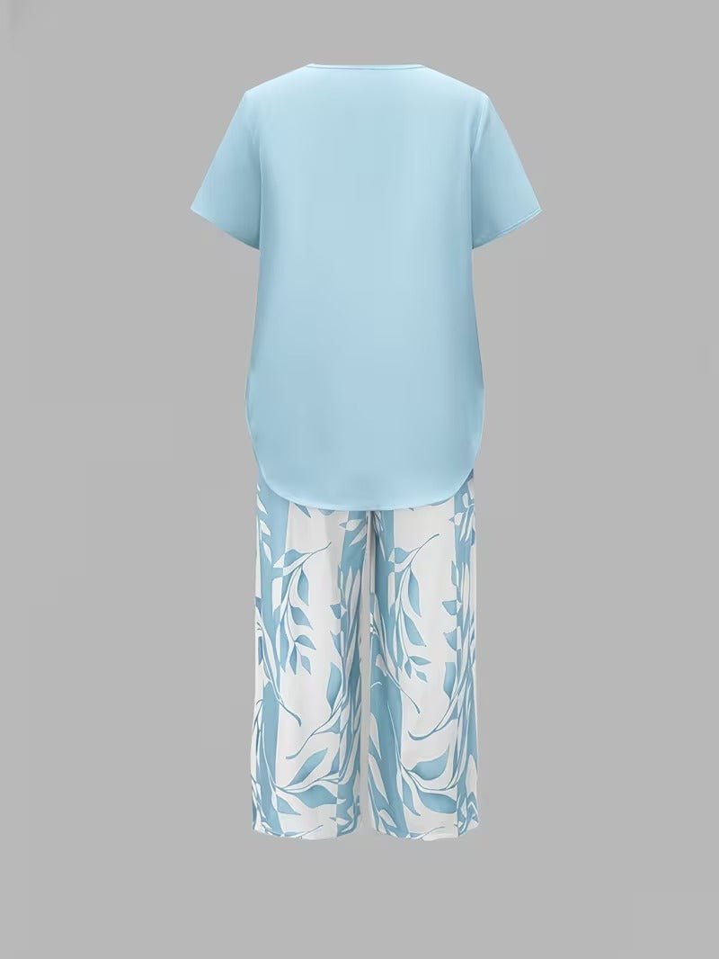 Women's Short-Sleeve Botanical Print Two-Piece Set