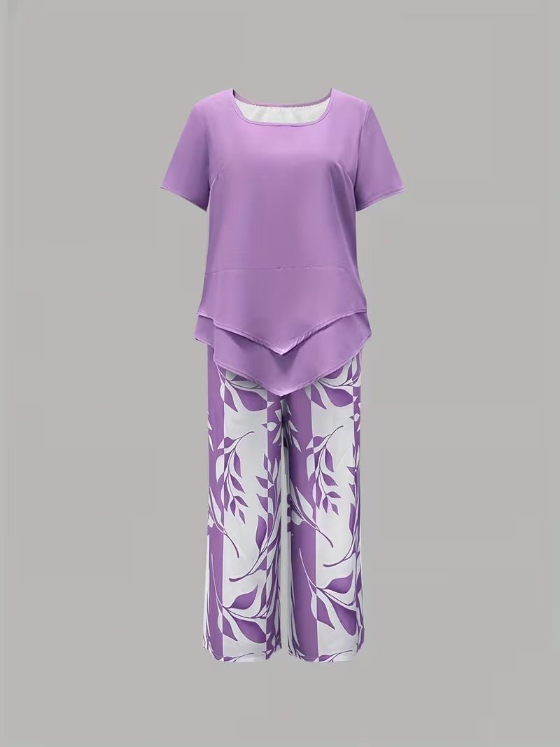 Women's Short-Sleeve Botanical Print Two-Piece Set