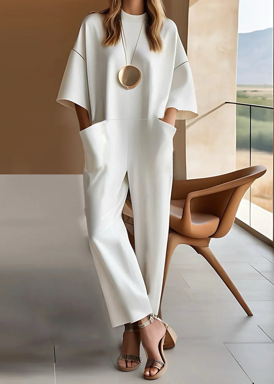 Women's Short-Sleeve Wide-Leg Crew Neck Jumpsuit - White