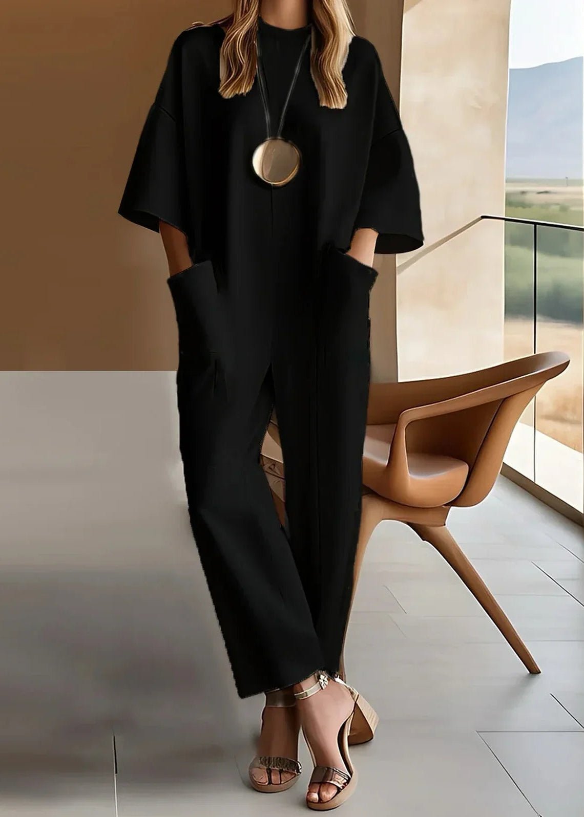 Women's Short-Sleeve Wide-Leg Crew Neck Jumpsuit - Black