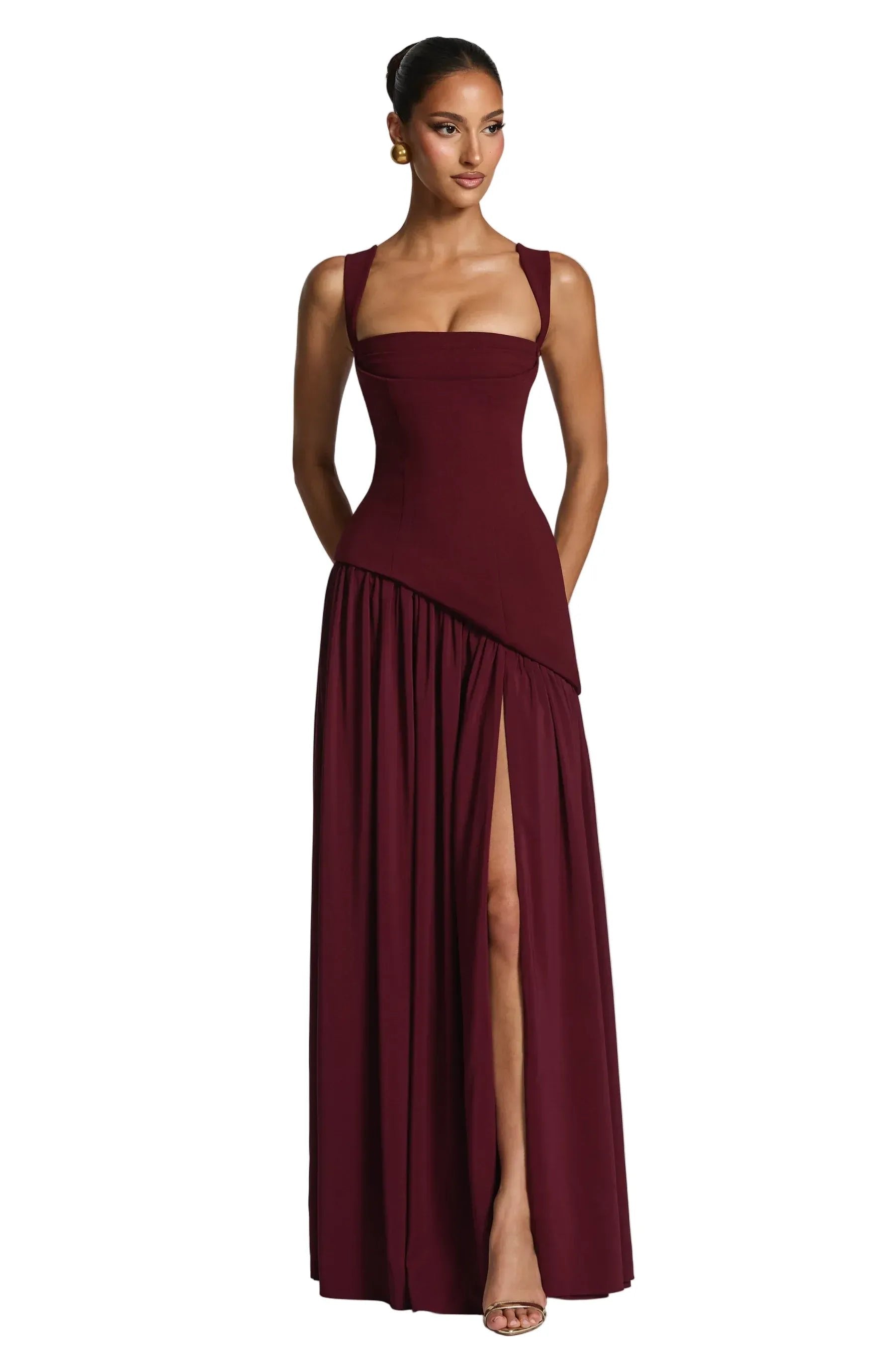 Women's Sleeveless A-Line Fitted-Waist Maxi Dress - Burgundy
