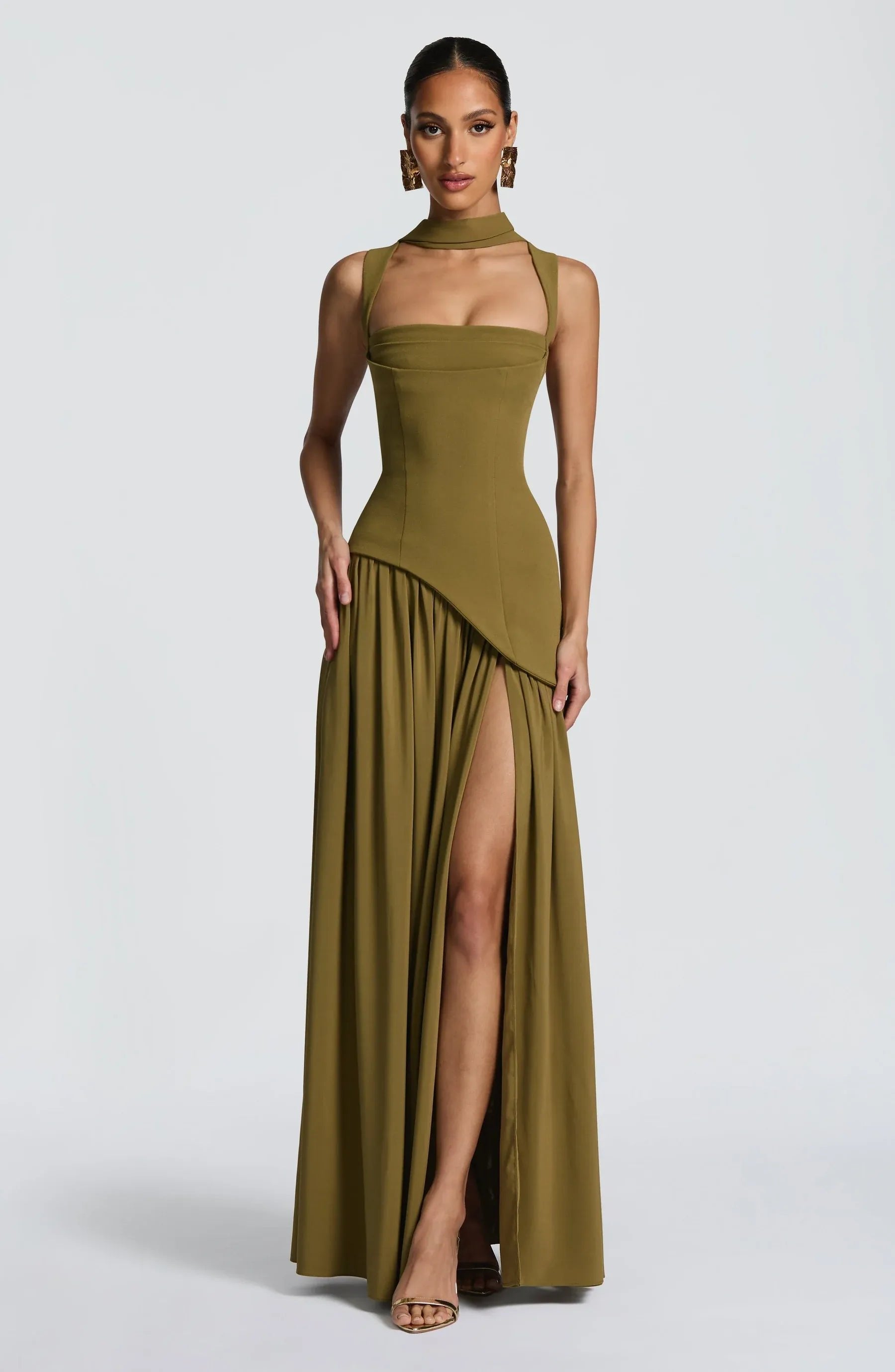 Women's Sleeveless A-Line Fitted-Waist Maxi Dress - Green