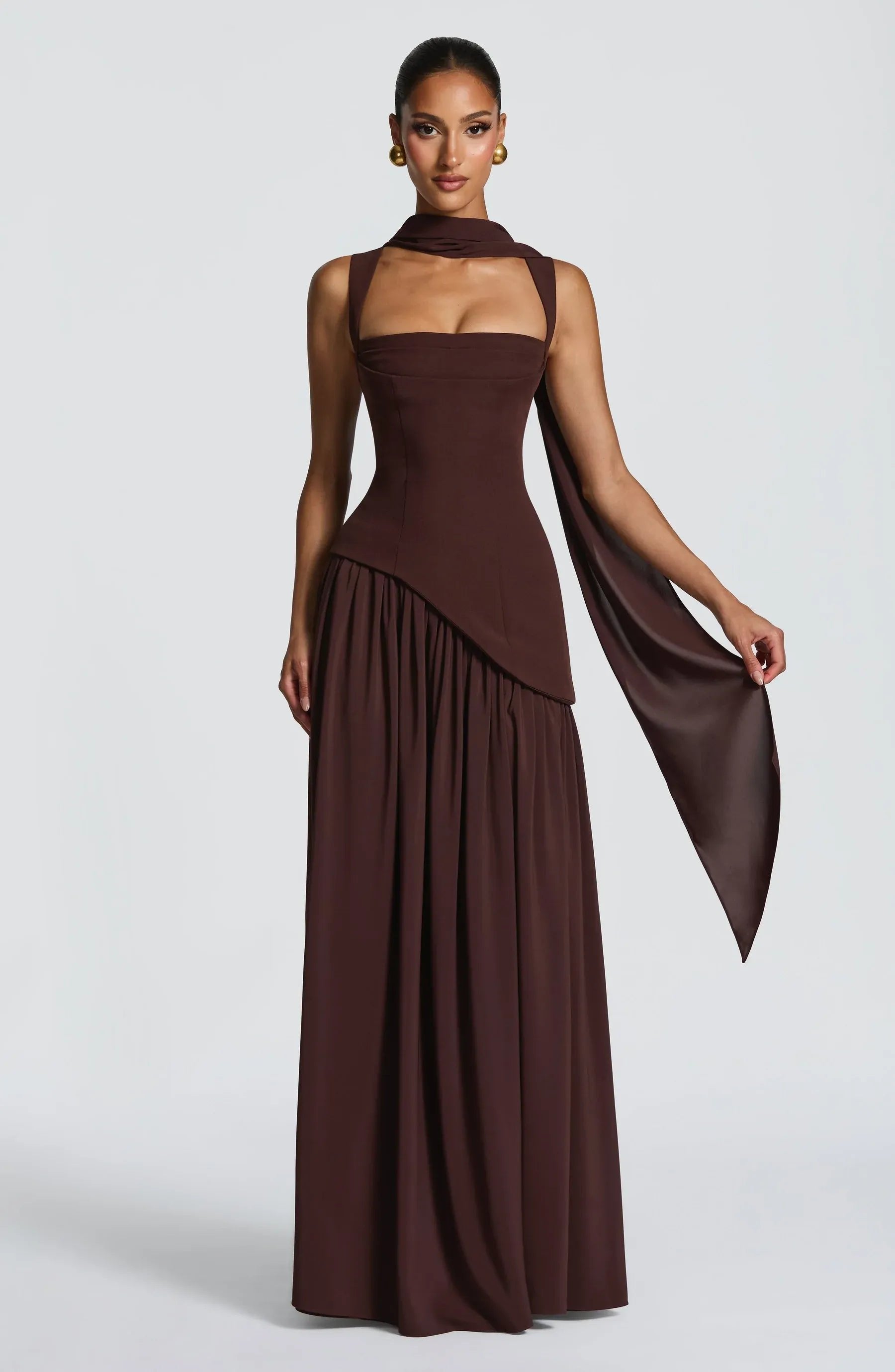 Women's Sleeveless A-Line Fitted-Waist Maxi Dress - Brown