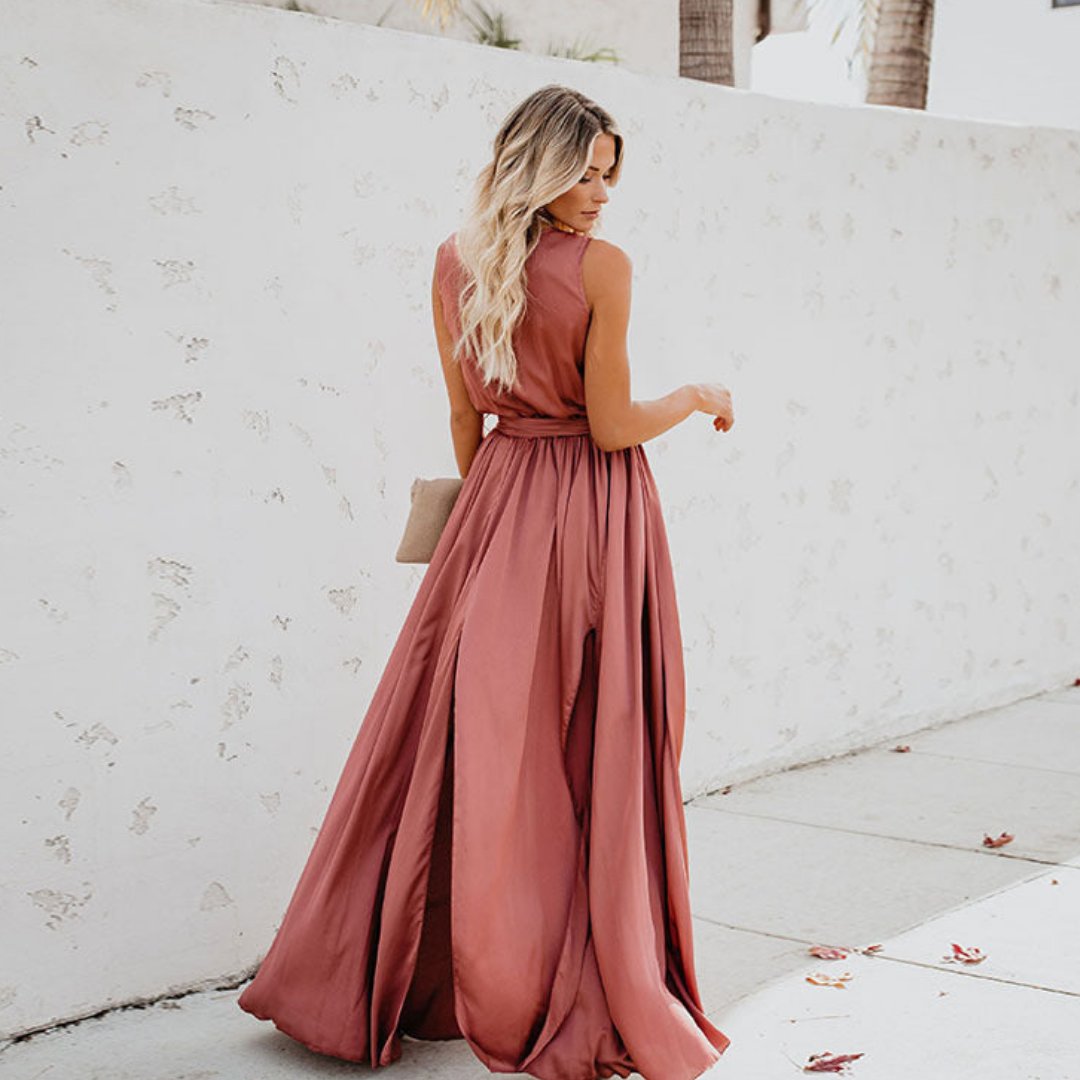 Women's Sleeveless Belted Maxi Dress with Side Slit