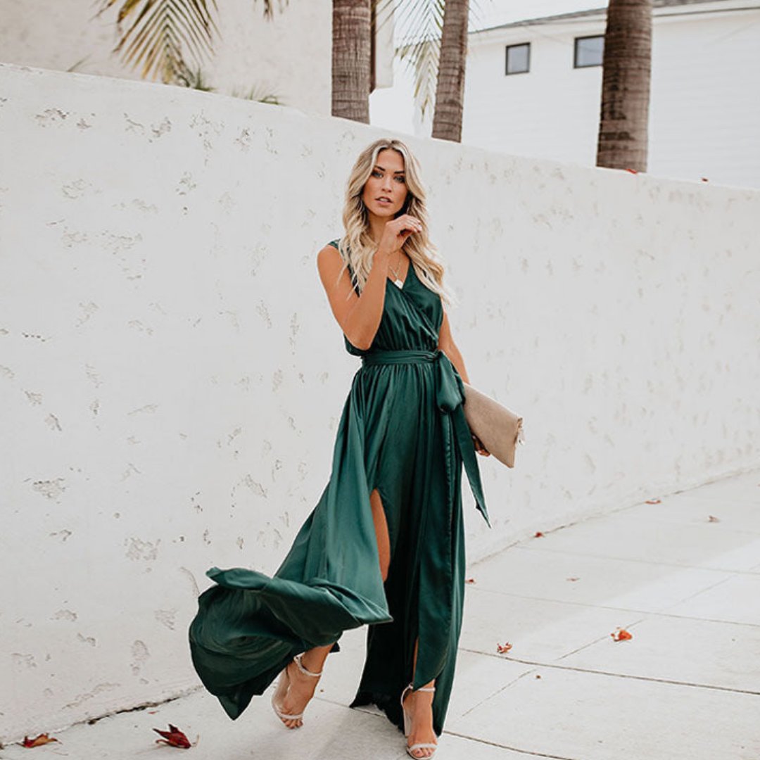 Women's Sleeveless Belted Maxi Dress with Side Slit - Groen