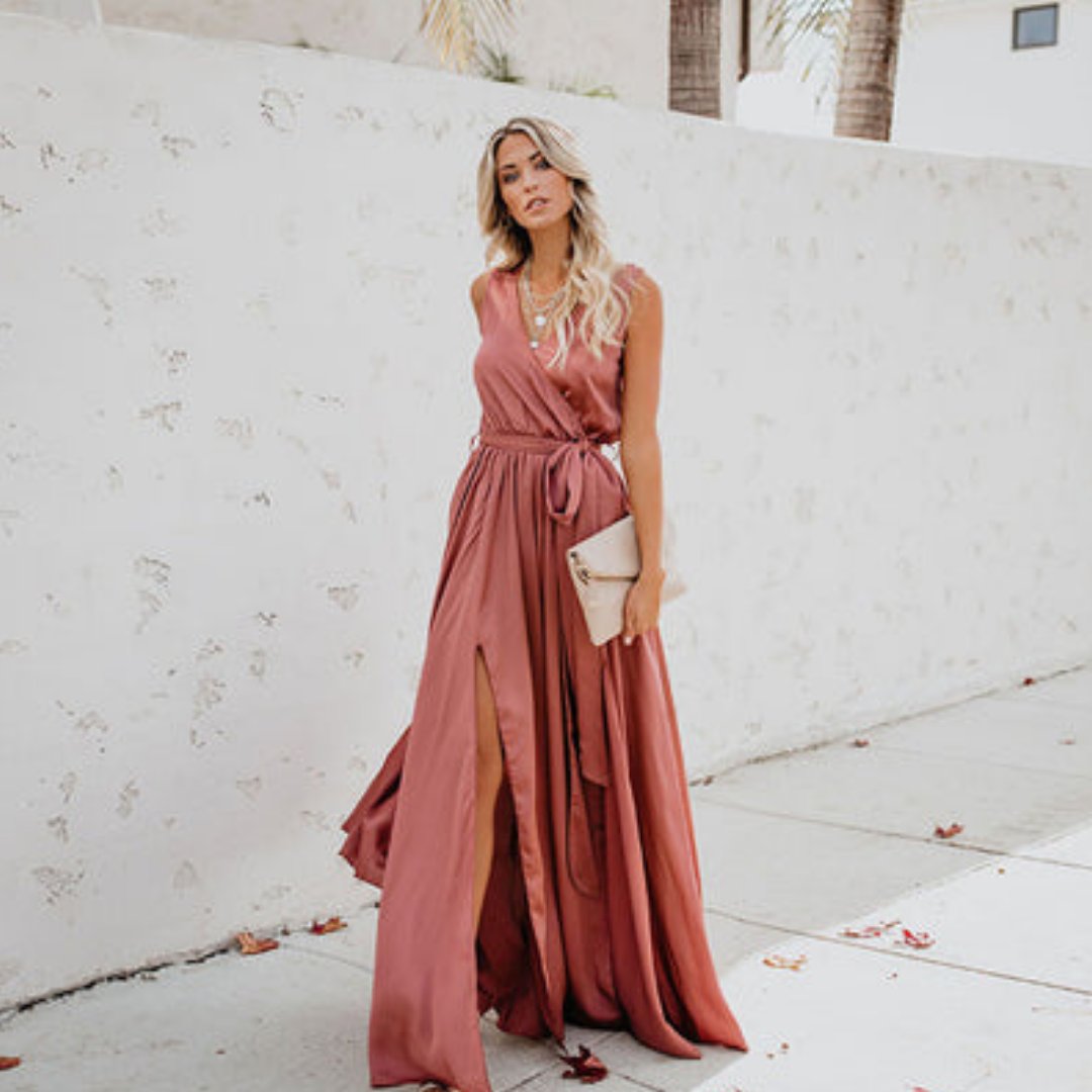 Women's Sleeveless Belted Maxi Dress with Side Slit - Roze