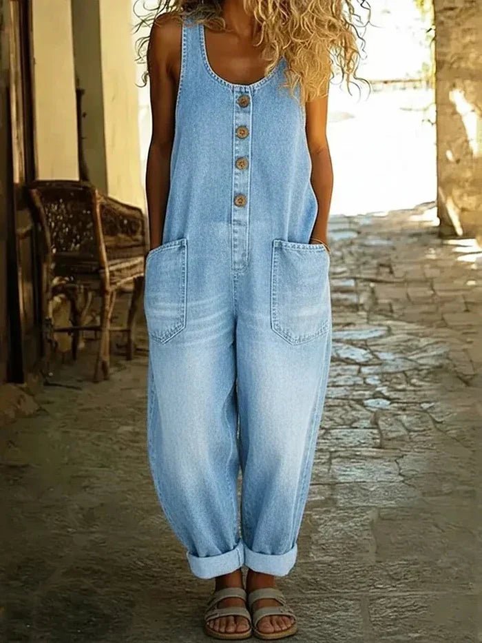 Women's Sleeveless Button-Front Denim Jumpsuit - Light Blue