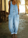 Women's Sleeveless Button-Front Denim Jumpsuit - Light Blue
