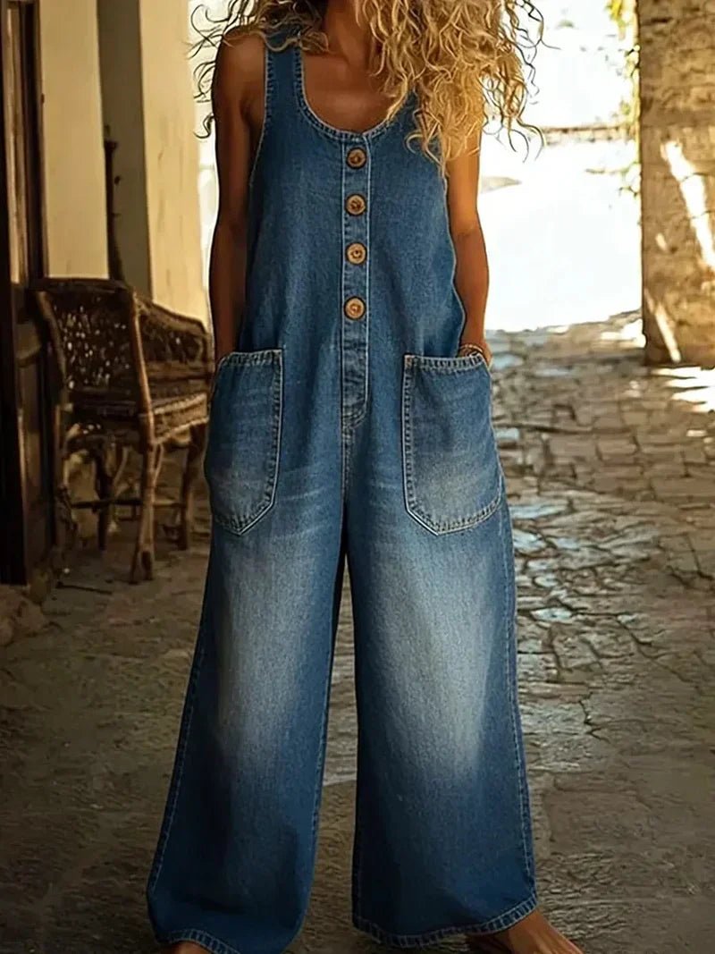 Women's Sleeveless Button-Front Denim Jumpsuit - Blue