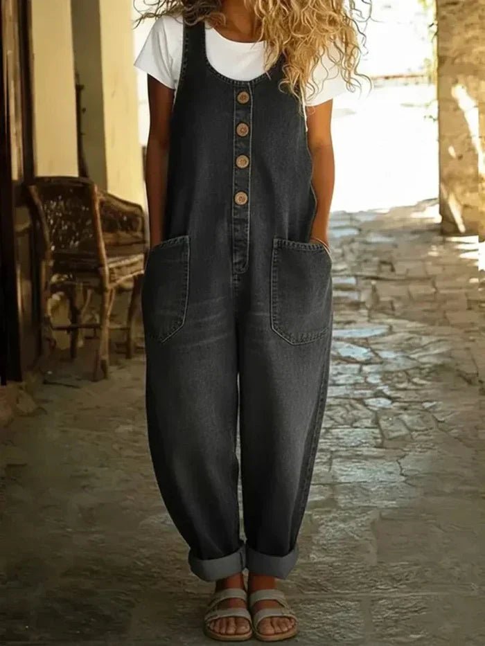 Women's Sleeveless Button-Front Denim Jumpsuit - Black