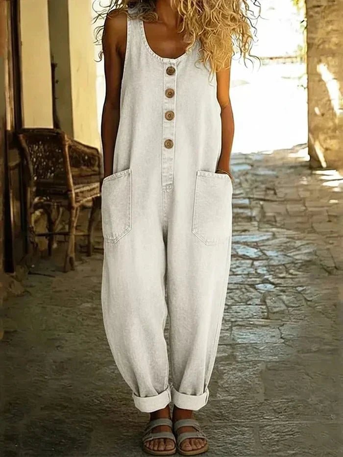 Women's Sleeveless Button-Front Denim Jumpsuit - White