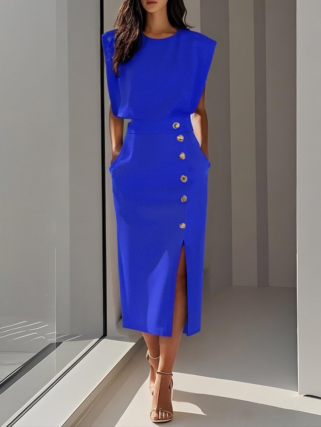 Women's Sleeveless Button-Front Midi Dress - Royal Blue