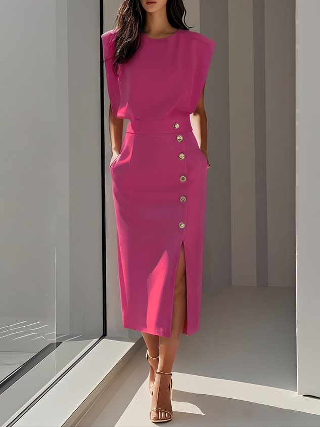 Women's Sleeveless Button-Front Midi Dress - Bright Pink