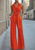 Women's Sleeveless Button-Front Wide-Leg Jumpsuit - Orange