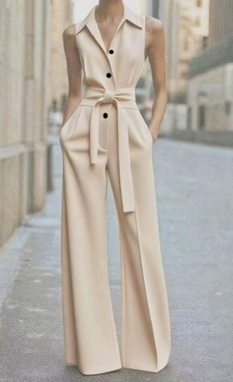 Women's Sleeveless Button-Front Wide-Leg Jumpsuit - Beige