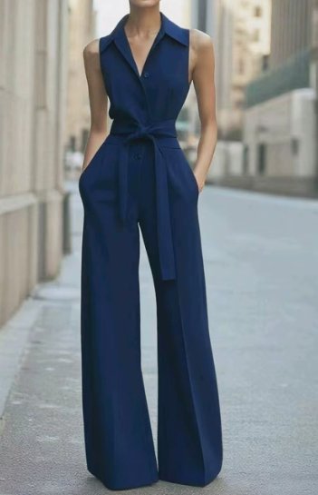 Women's Sleeveless Button-Front Wide-Leg Jumpsuit - Navy Blue