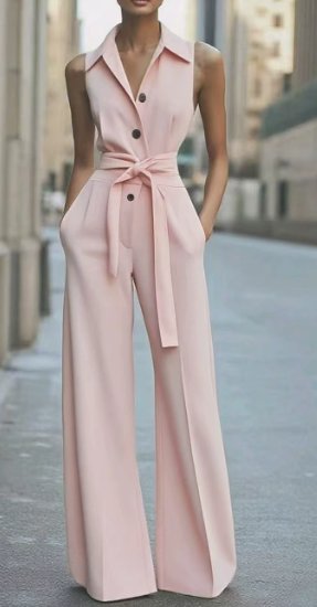 Women's Sleeveless Button-Front Wide-Leg Jumpsuit - Pink