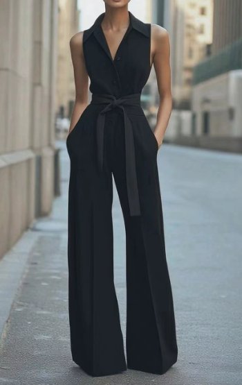 Women's Sleeveless Button-Front Wide-Leg Jumpsuit - Black