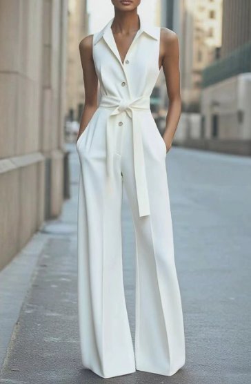 Women's Sleeveless Button-Front Wide-Leg Jumpsuit - White