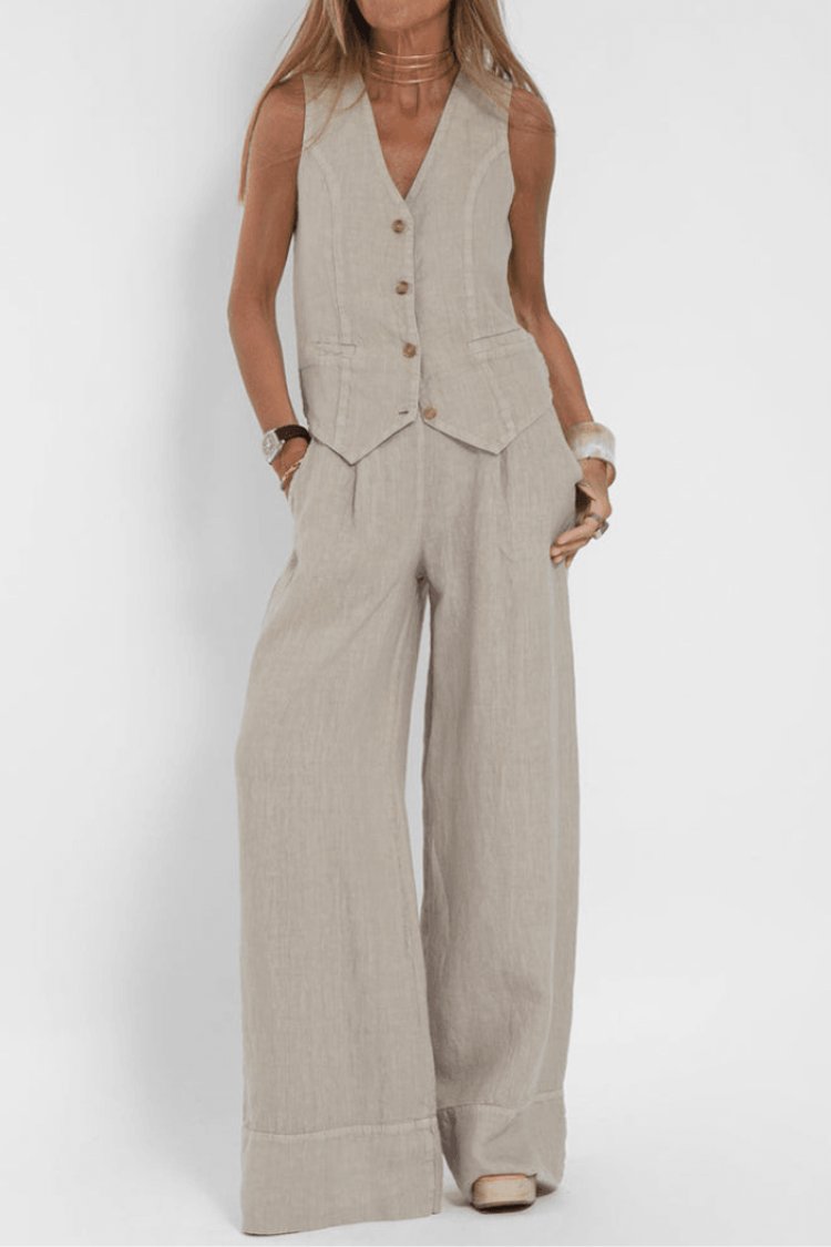 Women's Sleeveless Button-Front Wide-Leg Two-Piece Set - Beige