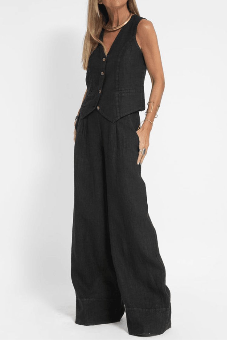 Women's Sleeveless Button-Front Wide-Leg Two-Piece Set - Black