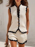 Women's Sleeveless Cotton-Linen Two-Piece Set with Black Trim - White