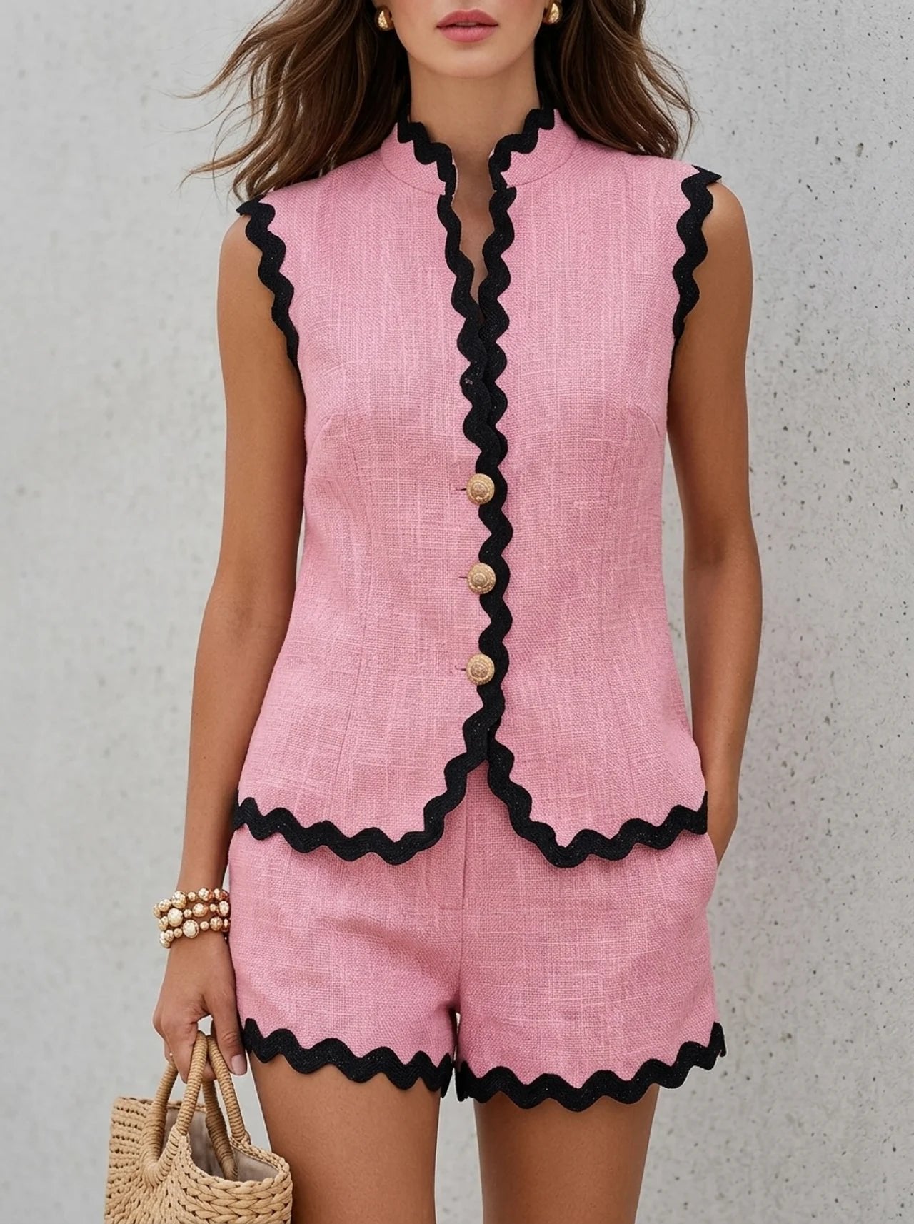 Women's Sleeveless Cotton-Linen Two-Piece Set with Black Trim - Pink