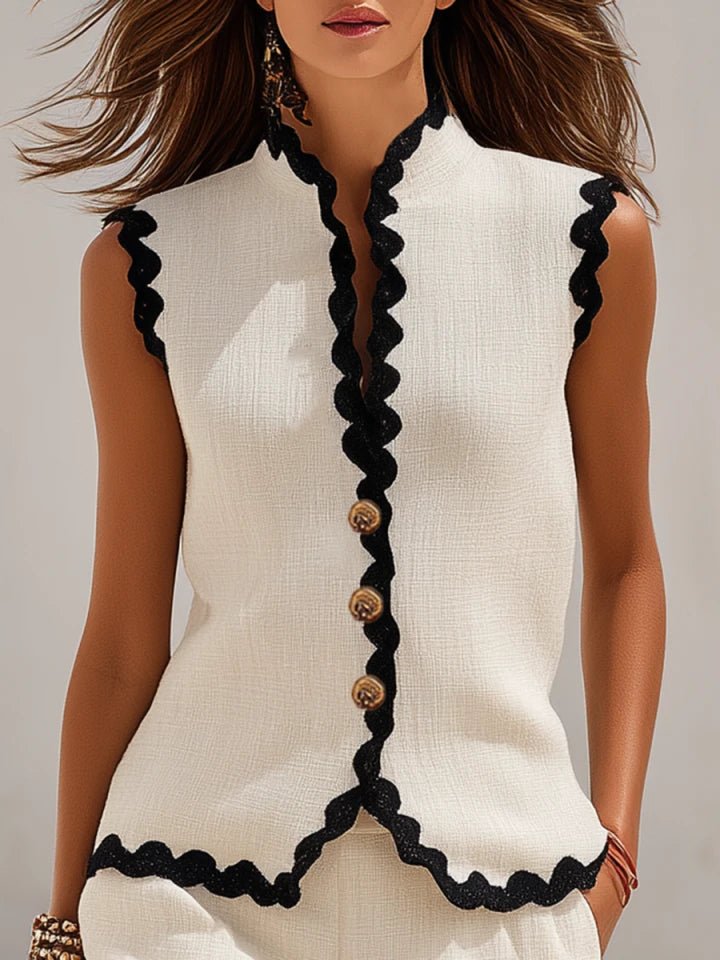 Women's Sleeveless Cotton-Linen Two-Piece Set with Black Trim