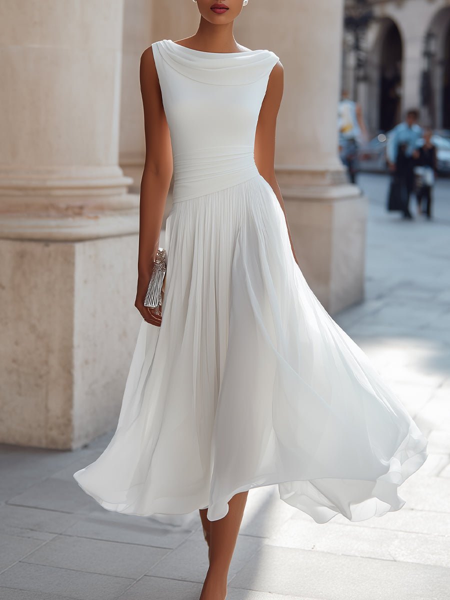 Women's Sleeveless Draped-Neck Pleated Midi Dress - White