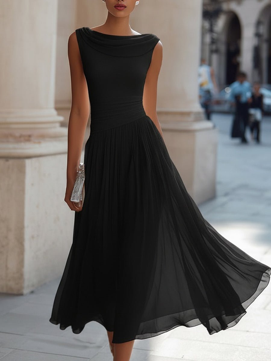 Women's Sleeveless Draped-Neck Pleated Midi Dress - Black