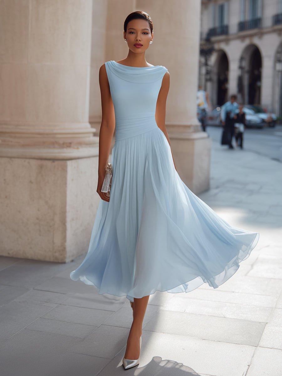 Women's Sleeveless Draped-Neck Pleated Midi Dress - Sky Blue