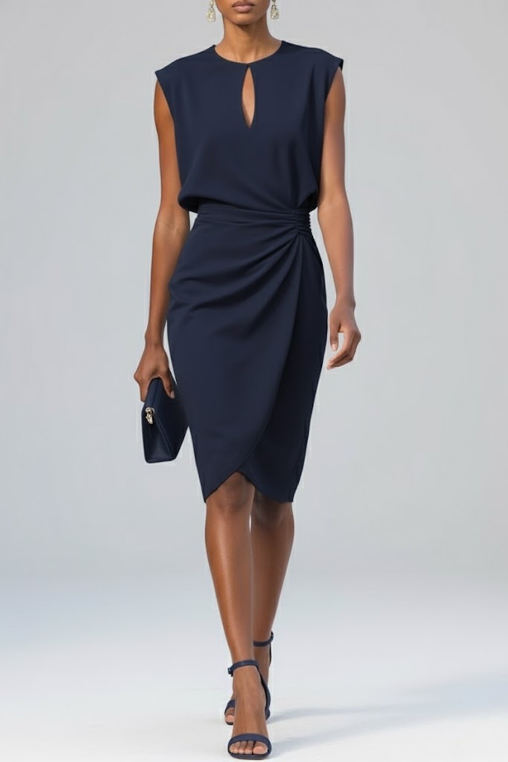 Women's Sleeveless Keyhole Ruched Midi Dress - Marineblauw