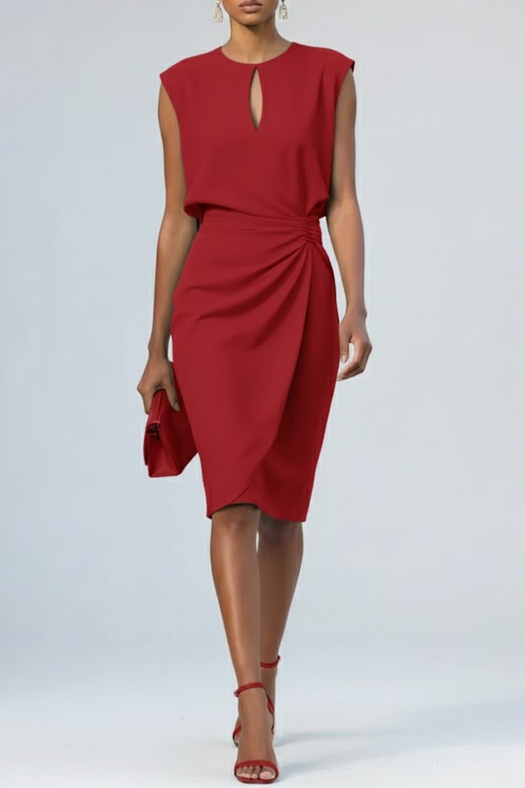 Women's Sleeveless Keyhole Ruched Midi Dress - Rood