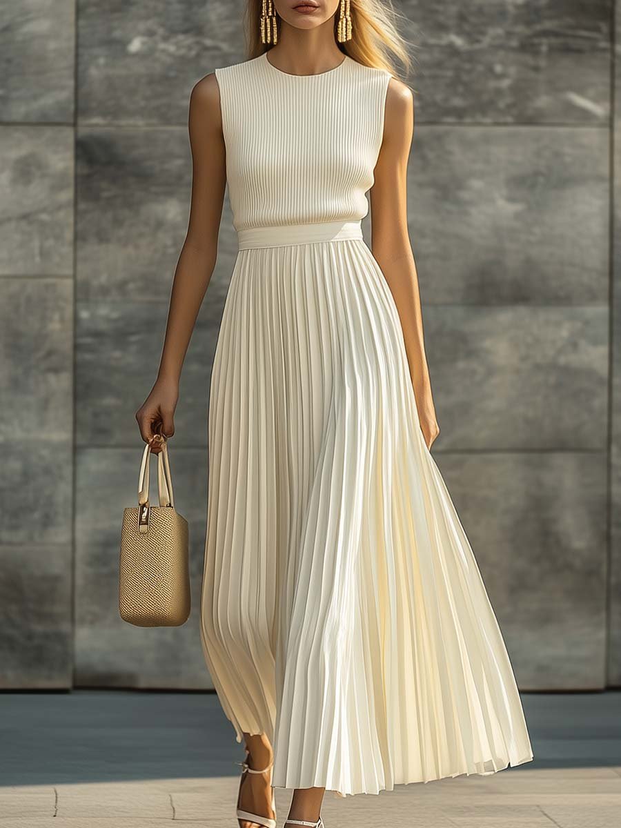 Women's Sleeveless Knit Chiffon Pleated Maxi Dress - Cream