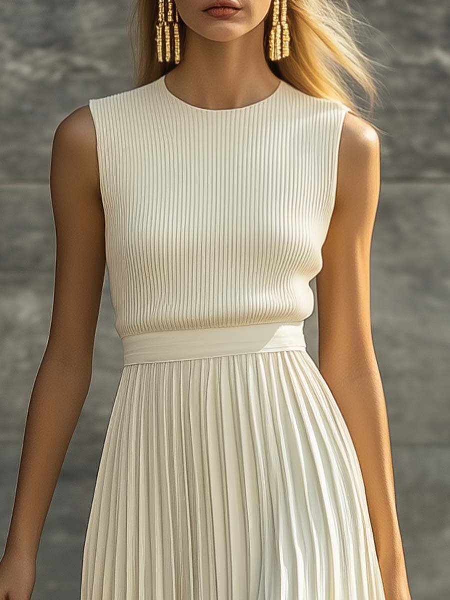 Women's Sleeveless Knit Chiffon Pleated Maxi Dress