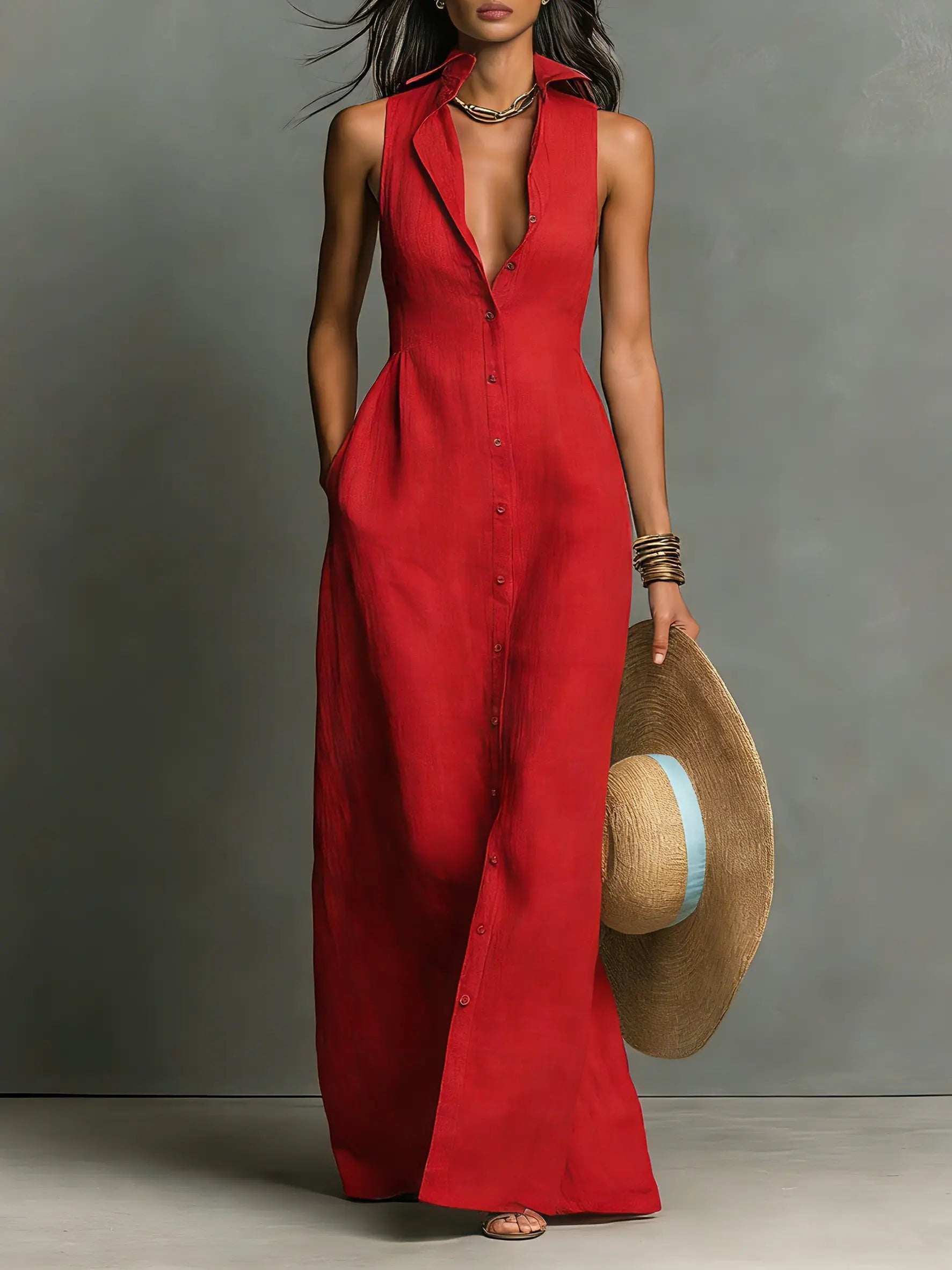 Women's Sleeveless Linen Button-Front Maxi Shirt Dress - Red