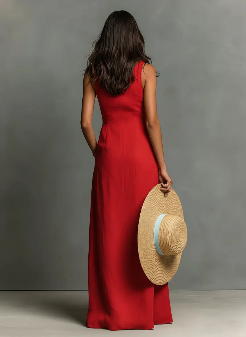 Women's Sleeveless Linen Button-Front Maxi Shirt Dress