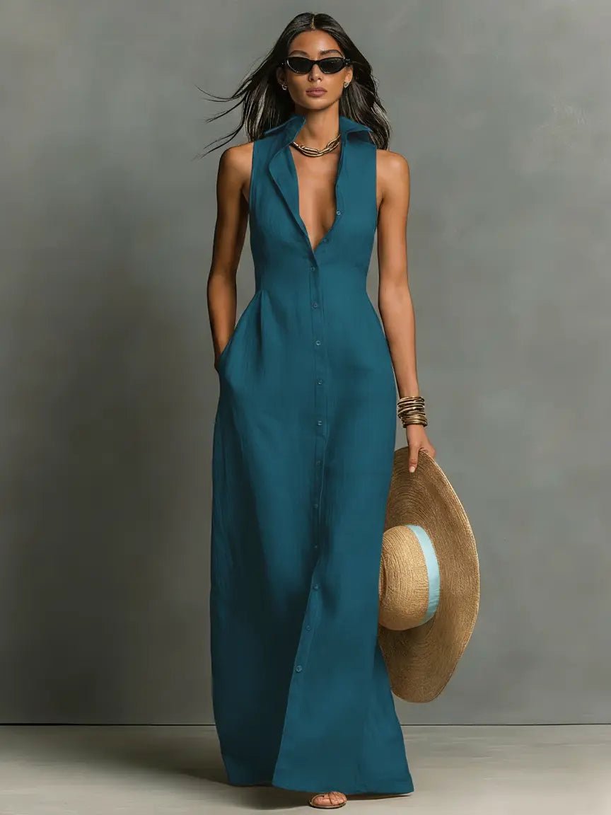 Women's Sleeveless Linen Button-Front Maxi Shirt Dress - Teal Blue