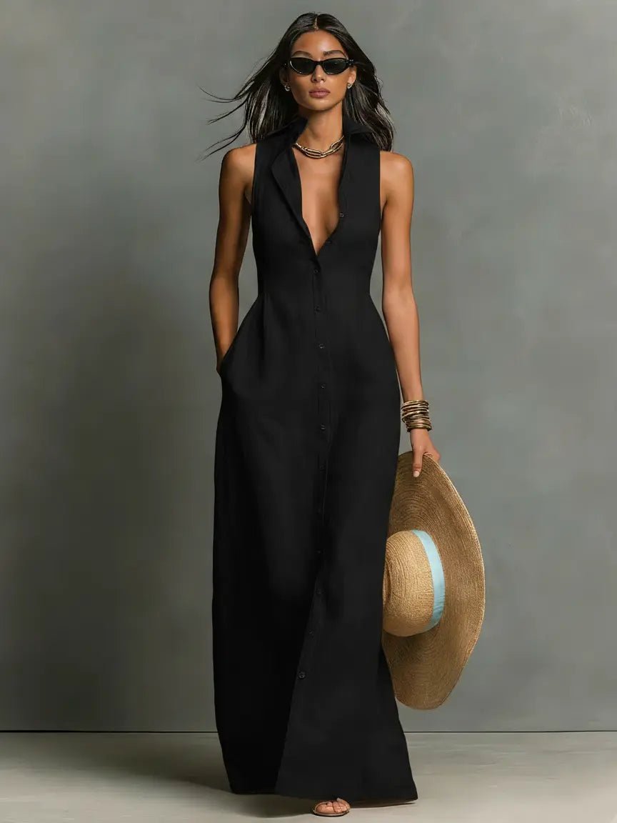 Women's Sleeveless Linen Button-Front Maxi Shirt Dress - Black