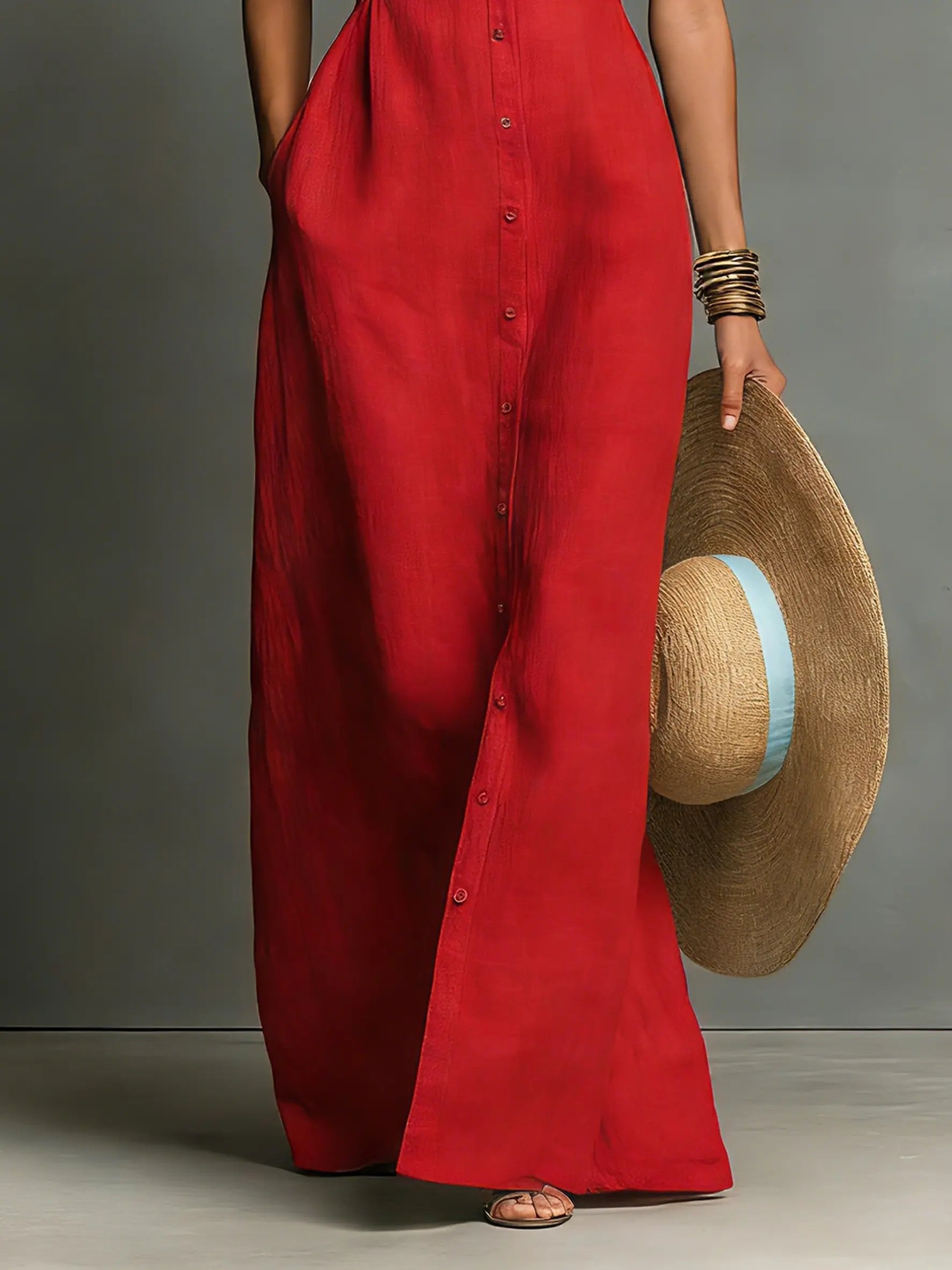 Women's Sleeveless Linen Button-Front Maxi Shirt Dress