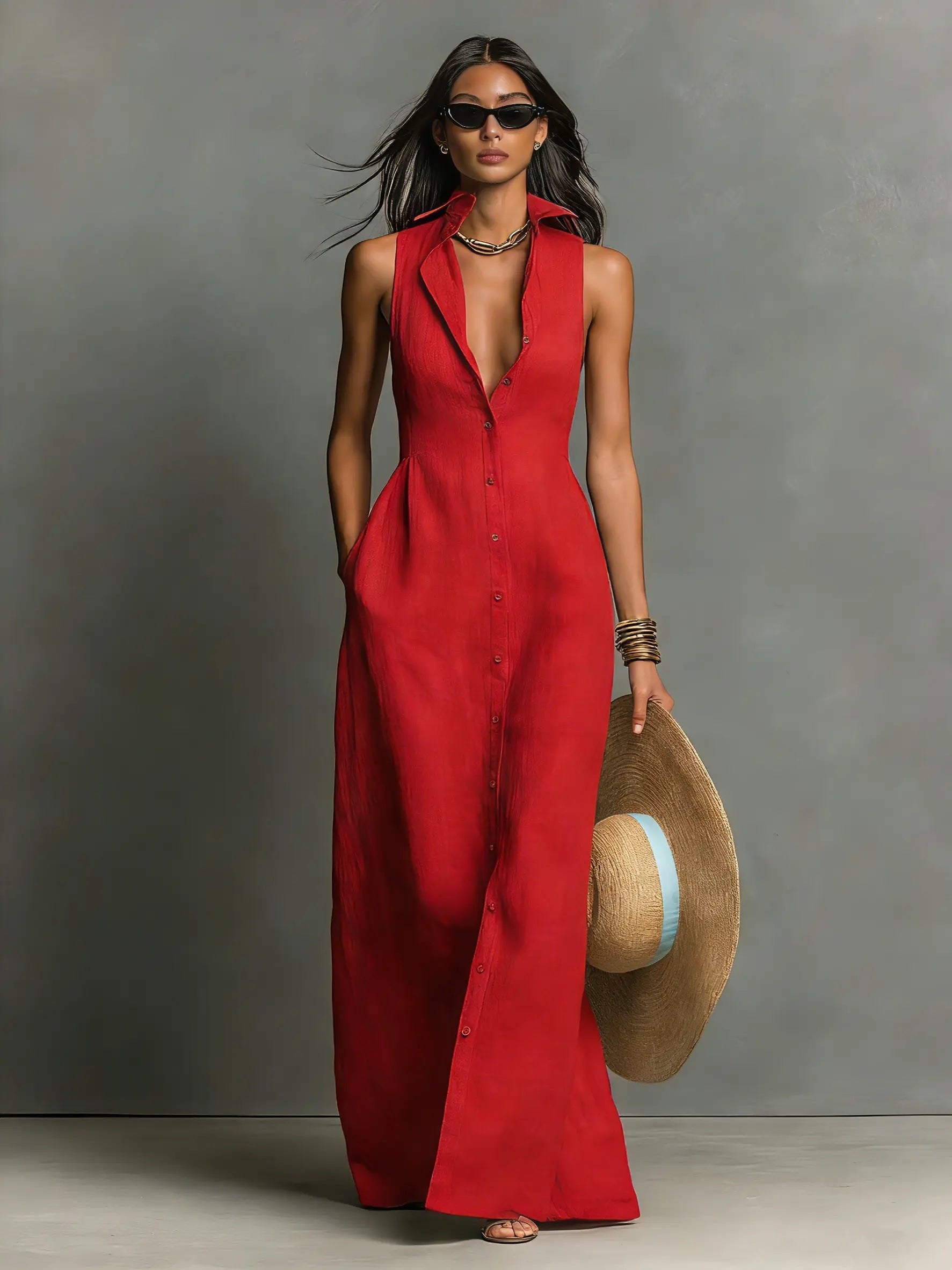 Women's Sleeveless Linen Button-Front Maxi Shirt Dress