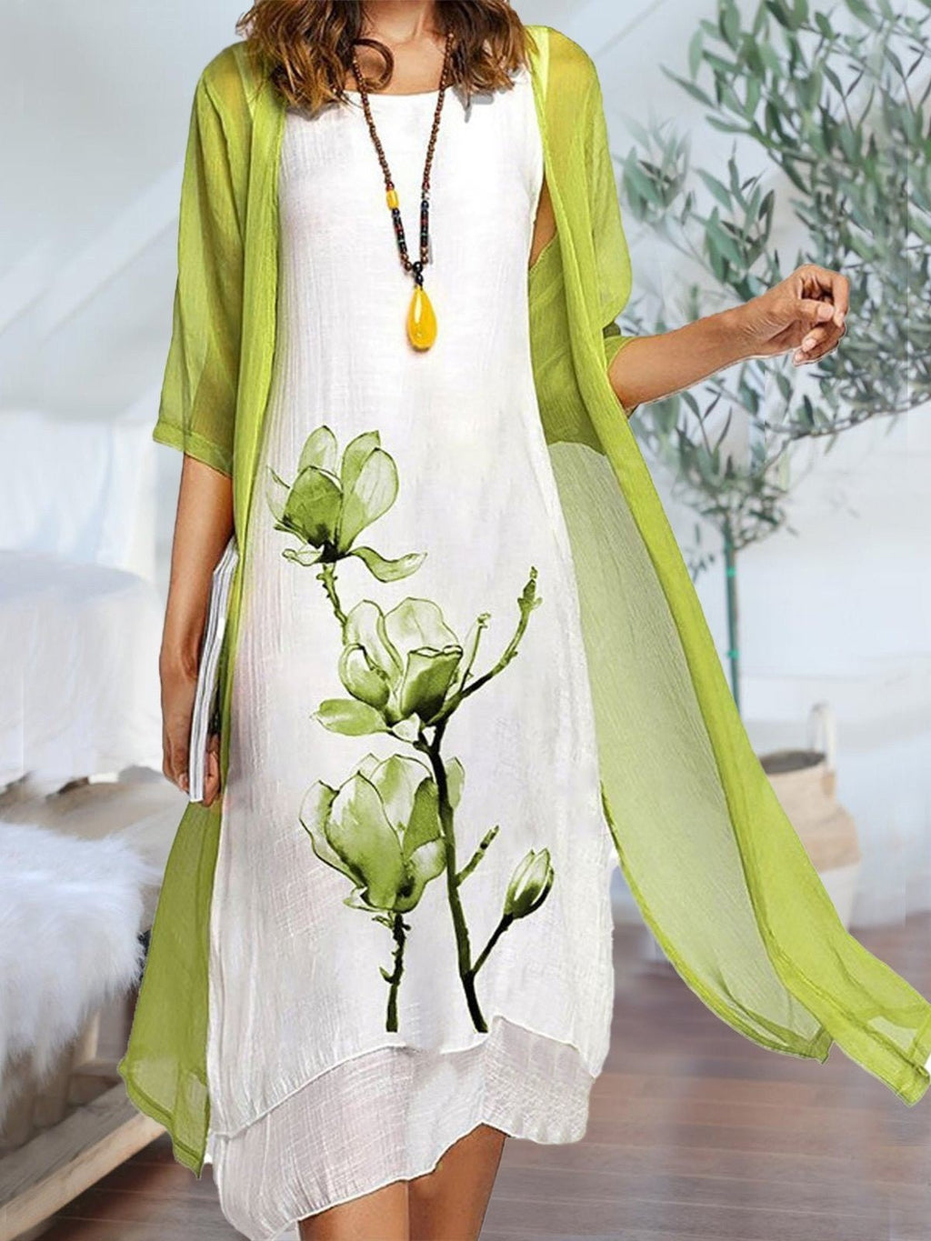 Women's Sleeveless Linen Midi Dress Chiffon Cardigan Two-Piece Set - Light Green