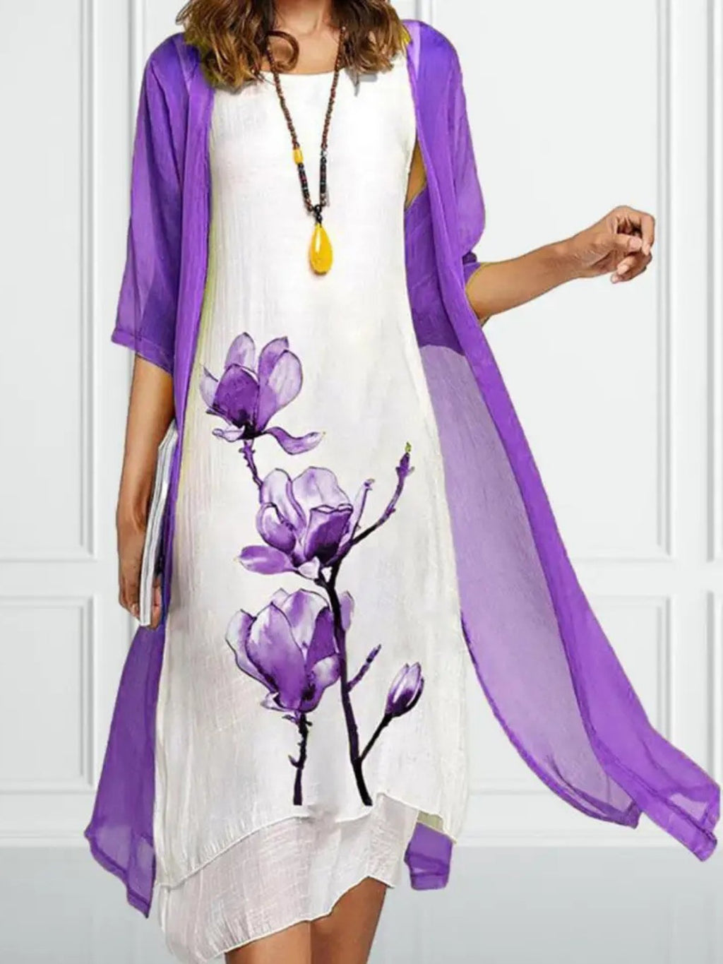 Women's Sleeveless Linen Midi Dress Chiffon Cardigan Two-Piece Set - Purple