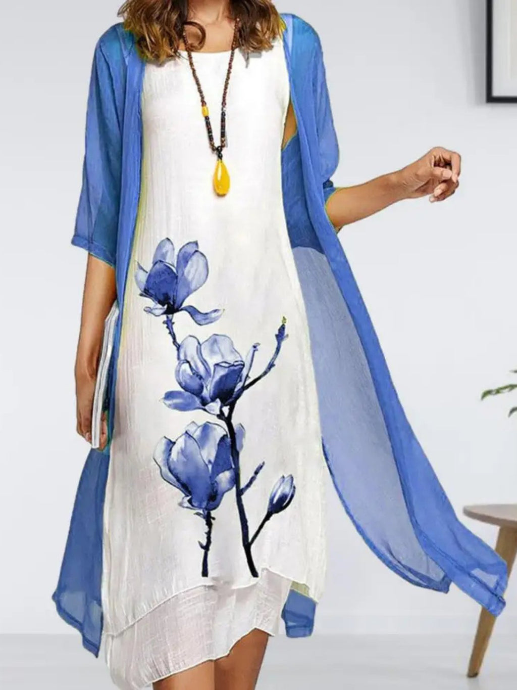 Women's Sleeveless Linen Midi Dress Chiffon Cardigan Two-Piece Set - Blue