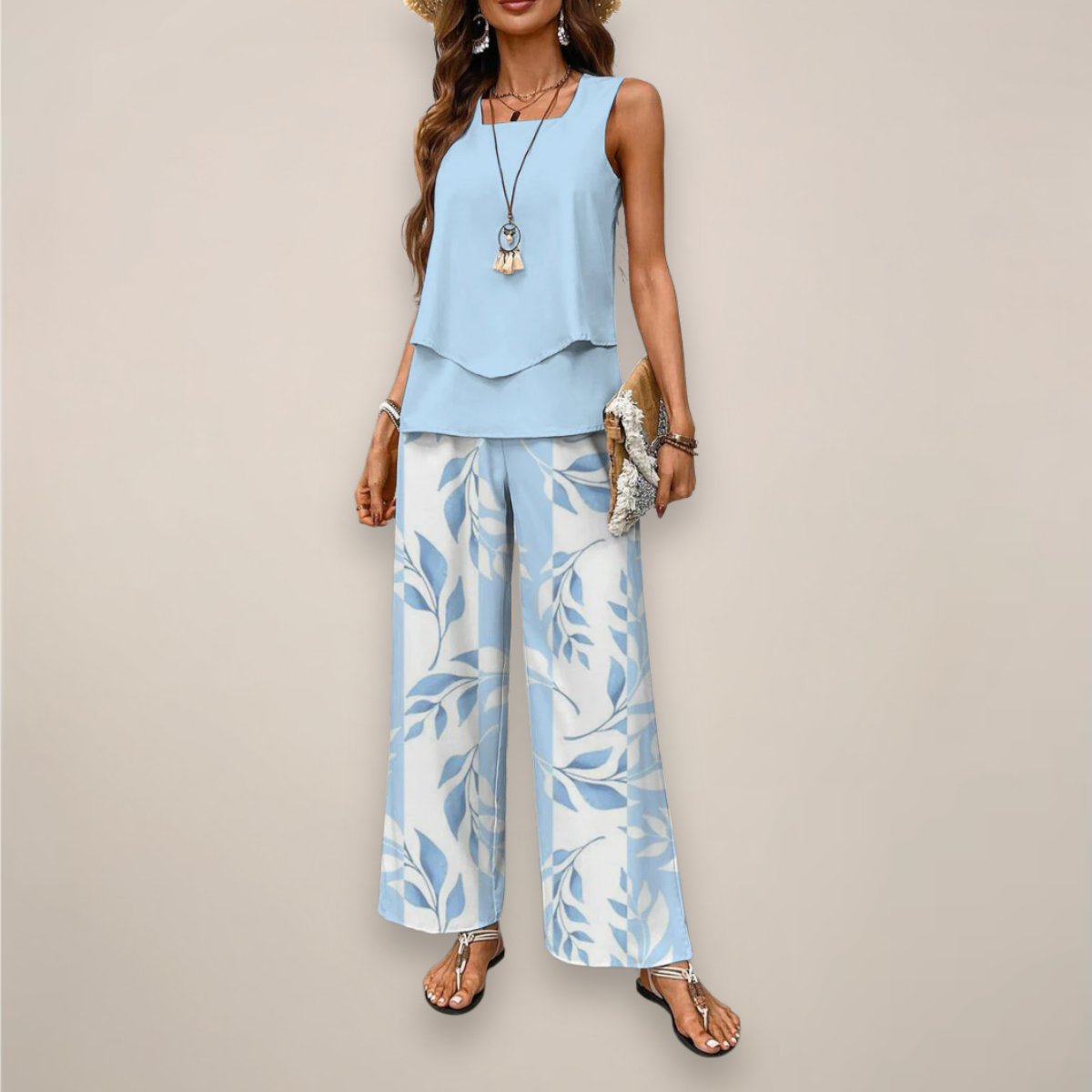 Women's Sleeveless Square-Neck Two-Piece Set Wide-Leg - Blue