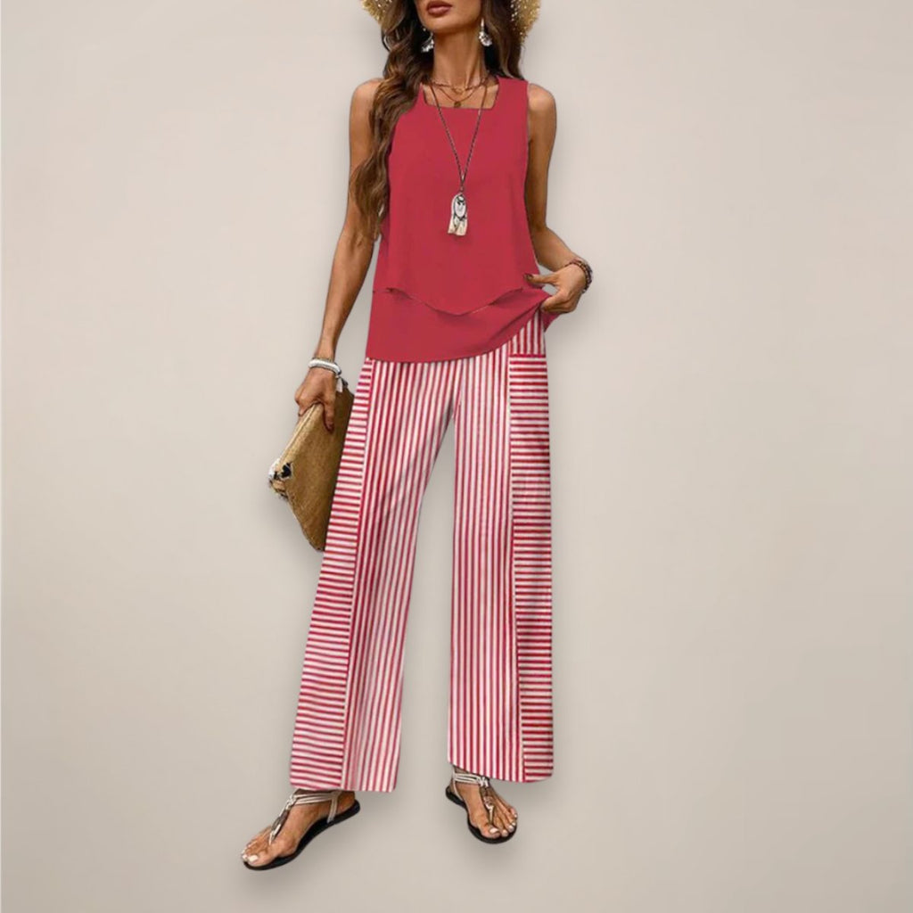 Women's Sleeveless Square-Neck Two-Piece Set Wide-Leg - Red