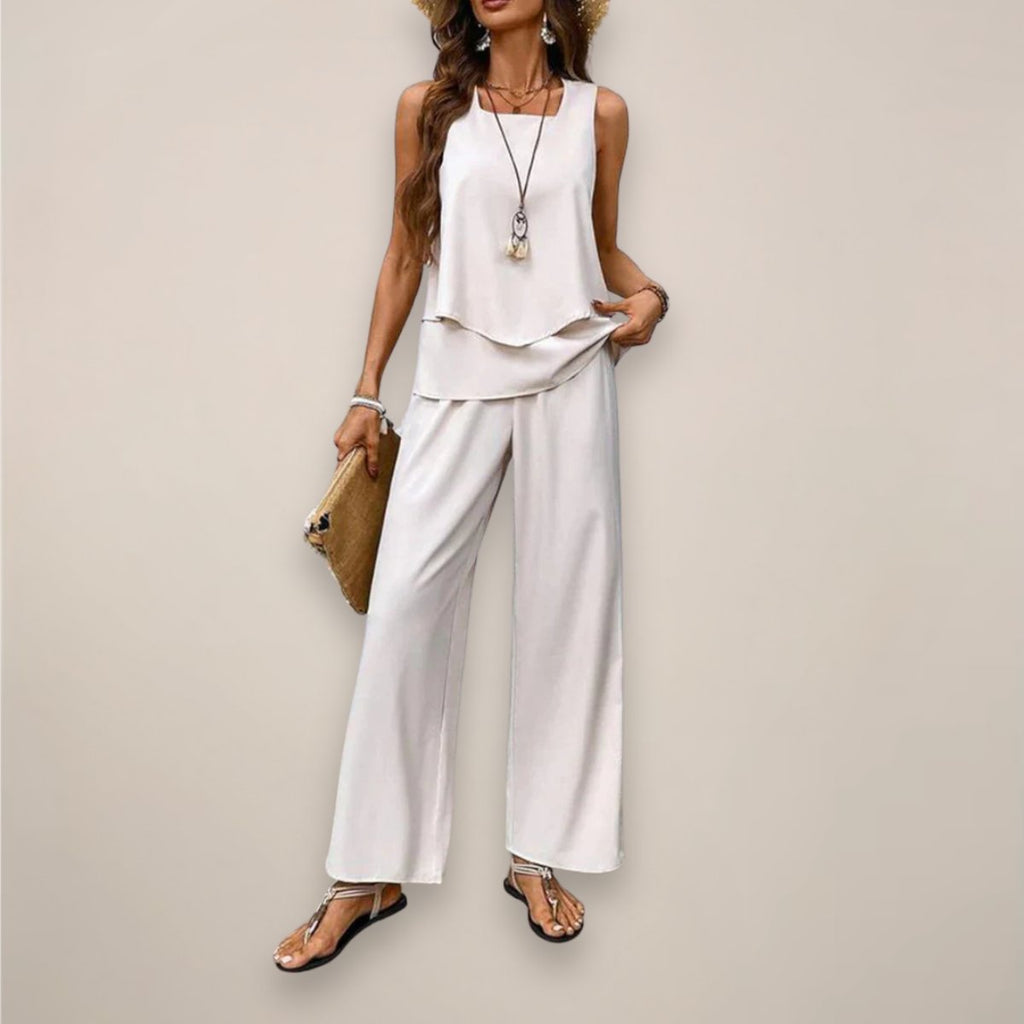Women's Sleeveless Square-Neck Two-Piece Set Wide-Leg - Beige