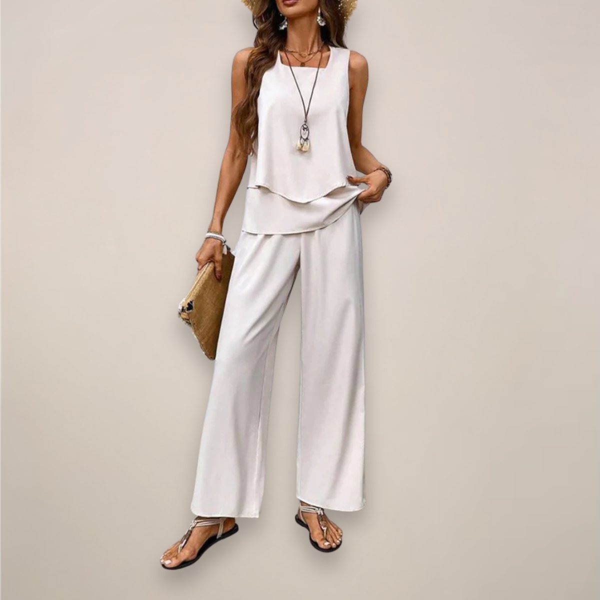 Women's Sleeveless Square-Neck Two-Piece Set Wide-Leg - Beige