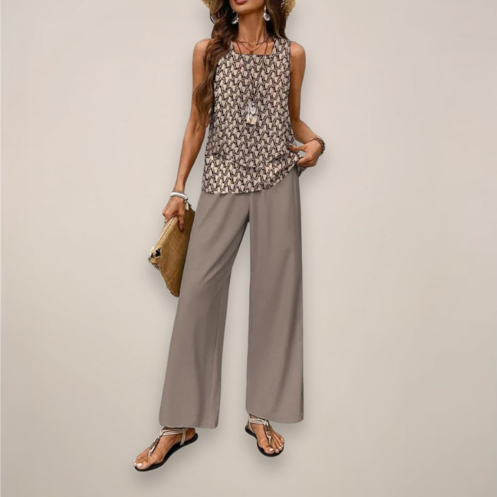 Women's Sleeveless Square-Neck Two-Piece Set Wide-Leg - Light Brown